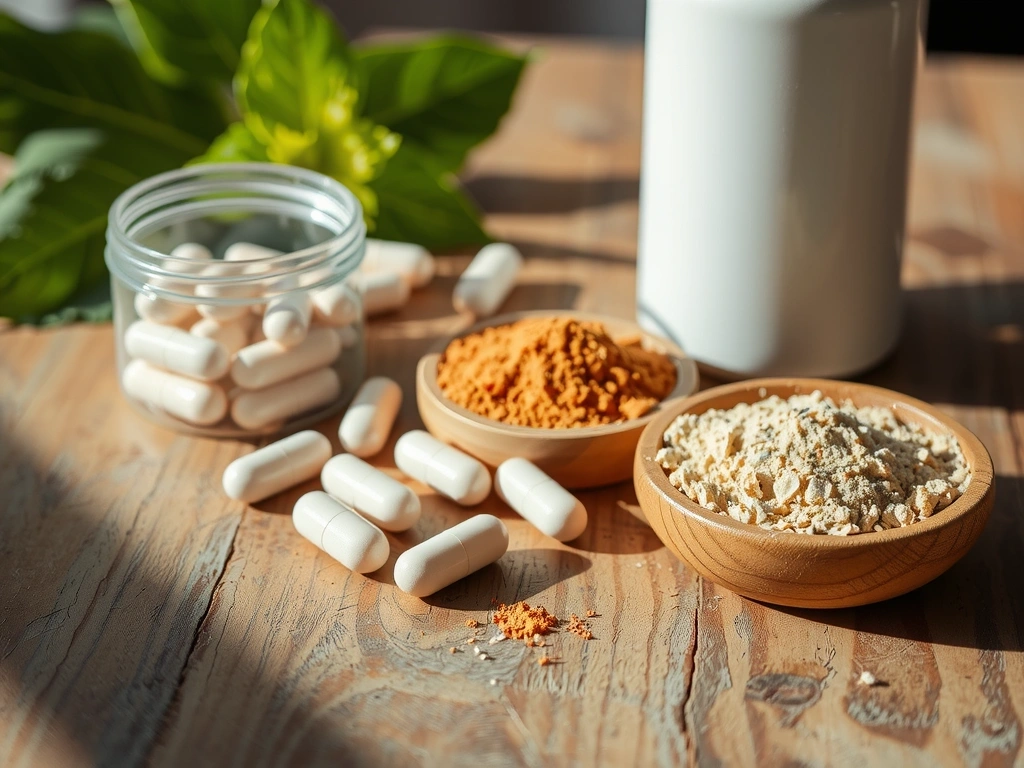 Natural supplement capsules and herbal powders on wooden surface