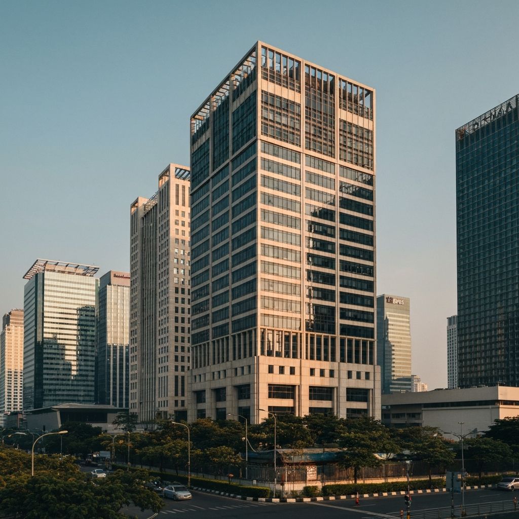 Modern office building in Jakarta with warm afternoon light, representing Vnarion's professional and accessible presence